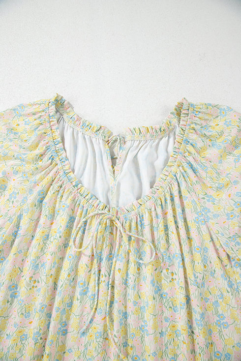 Charming Floral Print Frilled Half Sleeve U Neck A-Line Dress